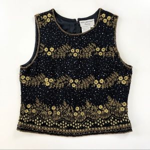 Papell Boutique Silk Black Gold Beaded Dressy Top